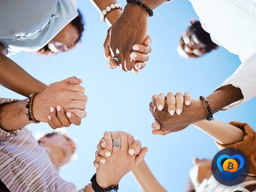 A diverse circle of donors and volunteers joining hands, representing donors connected directly to causes worldwide