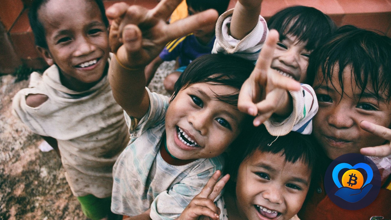 Joyful children smiling and giving peace signs to the camera